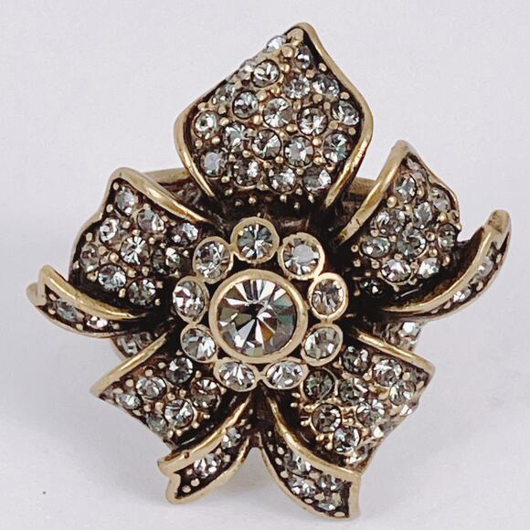 Signed Heidi Daus Gold Tone Floral Flower Rhinestone Cocktail Ring 6.75 Vintage - Picture 2 of 16